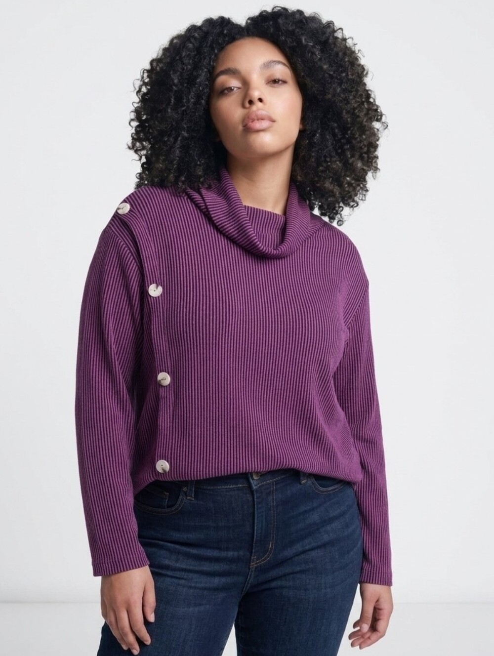 NWT Purple Ribbed Cowl Neck Long Sleeve Sweater with Button Accent Misses Size S